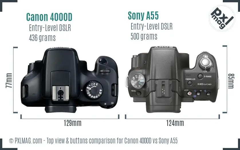 Canon 4000D vs Sony A55 top view buttons comparison