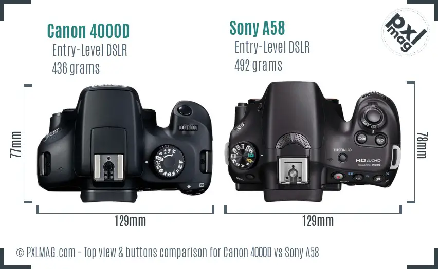 Canon 4000D vs Sony A58 top view buttons comparison