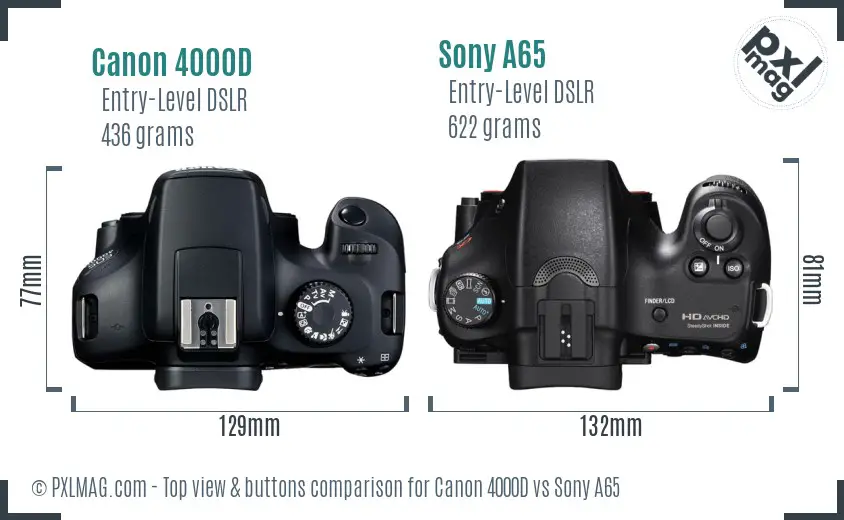 Canon 4000D vs Sony A65 top view buttons comparison