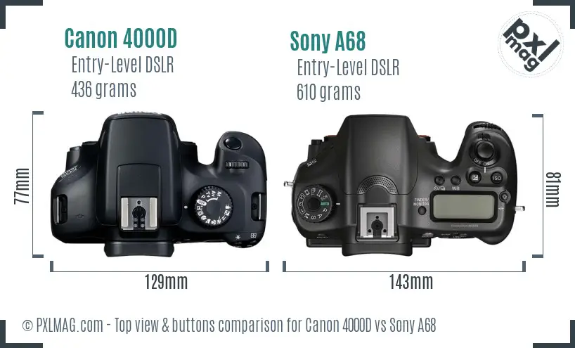 Canon 4000D vs Sony A68 top view buttons comparison