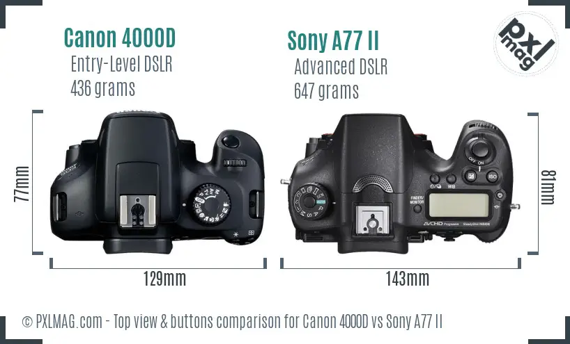 Canon 4000D vs Sony A77 II top view buttons comparison Canon 4000D vs Sony A77 II top view buttons comparison