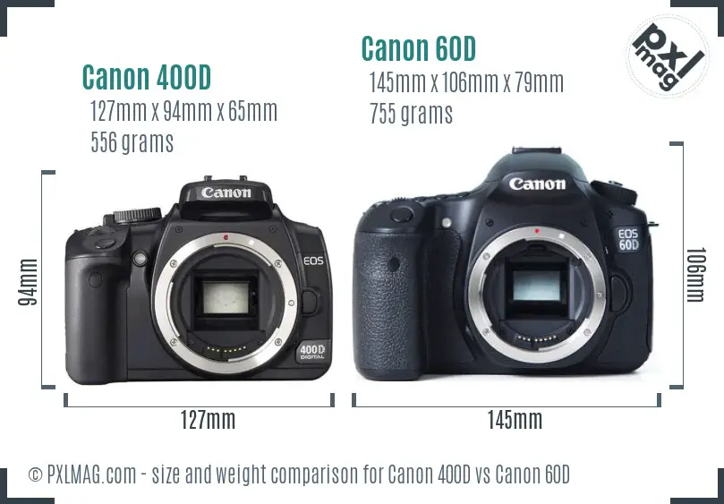 Canon 400D vs Canon 60D size comparison