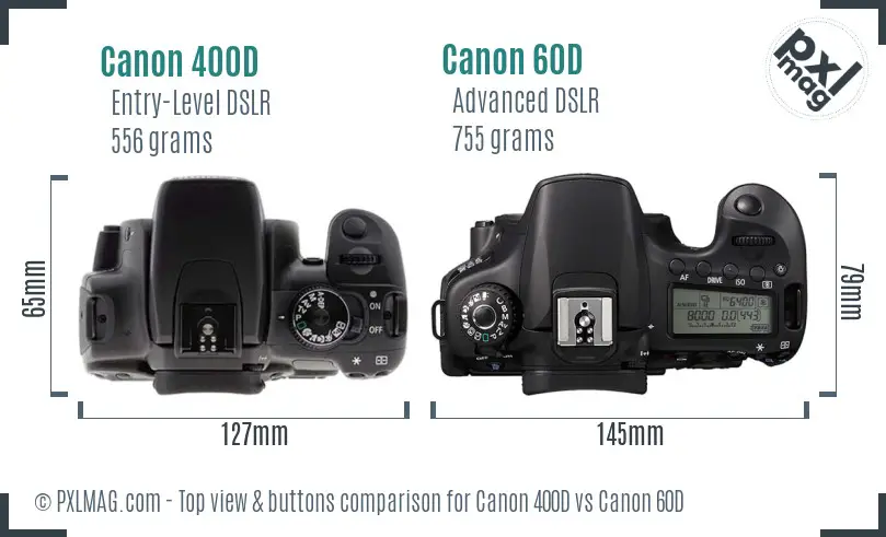 Canon 400D vs Canon 60D top view buttons comparison