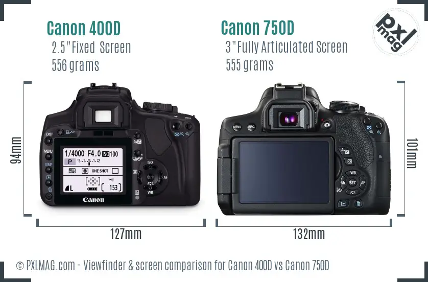 Canon 400D vs Canon 750D Screen and Viewfinder comparison