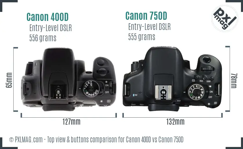 Canon 400D vs Canon 750D top view buttons comparison
