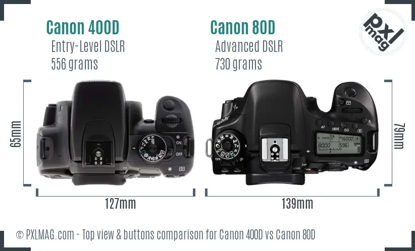 Canon 400D vs Canon 80D top view buttons comparison Canon 400D vs Canon 80D top view buttons comparison