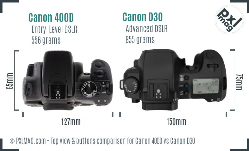 Canon 400D vs Canon D30 top view buttons comparison