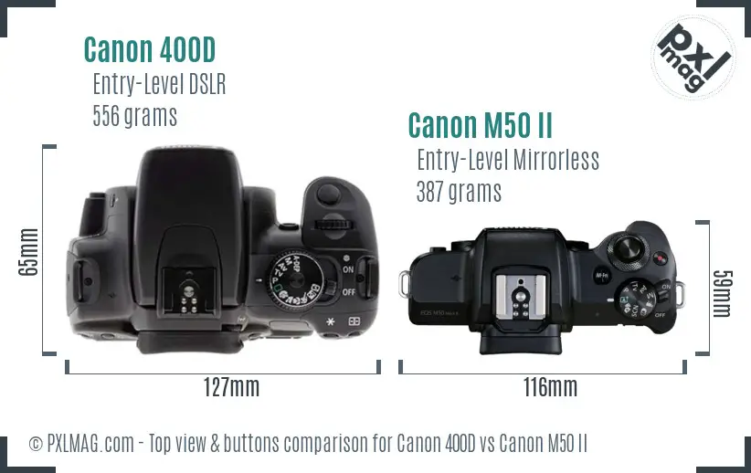 Canon 400D vs Canon M50 II top view buttons comparison