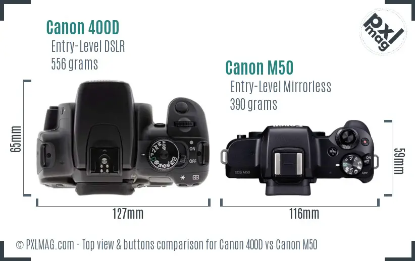 Canon 400D vs Canon M50 top view buttons comparison Canon 400D vs Canon M50 top view buttons comparison