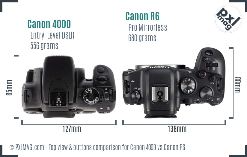 Canon 400D vs Canon R6 top view buttons comparison