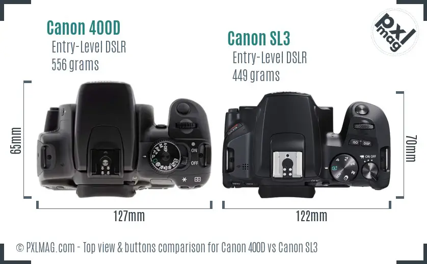 Canon 400D vs Canon SL3 top view buttons comparison