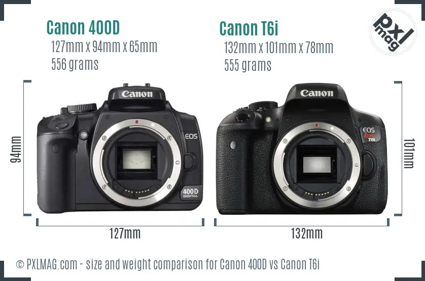 Canon 400D vs Canon T6i size comparison