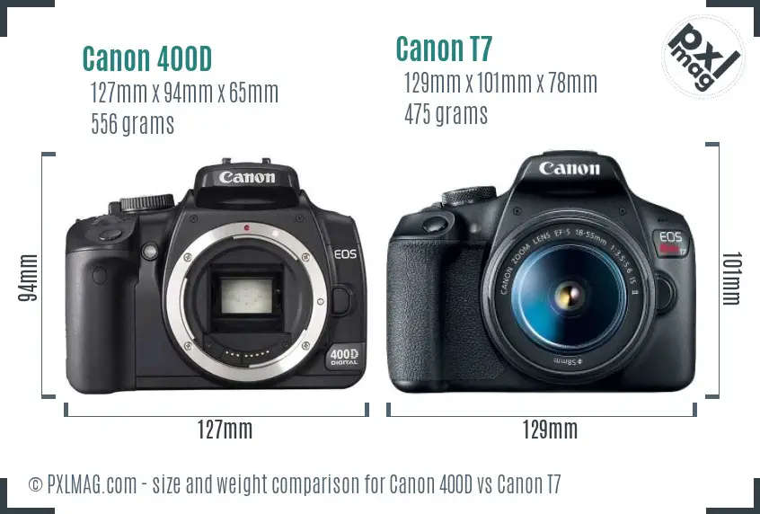 Canon 400D vs Canon T7 size comparison
