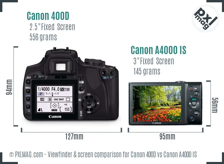 Canon 400D vs Canon A4000 IS Screen and Viewfinder comparison