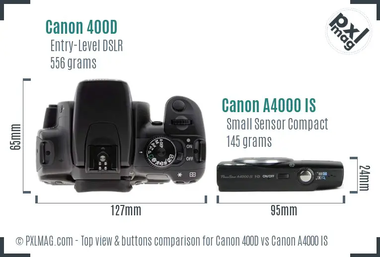 Canon 400D vs Canon A4000 IS top view buttons comparison