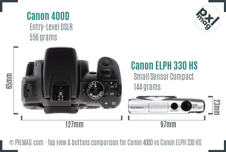 Canon 400D vs Canon ELPH 330 HS top view buttons comparison