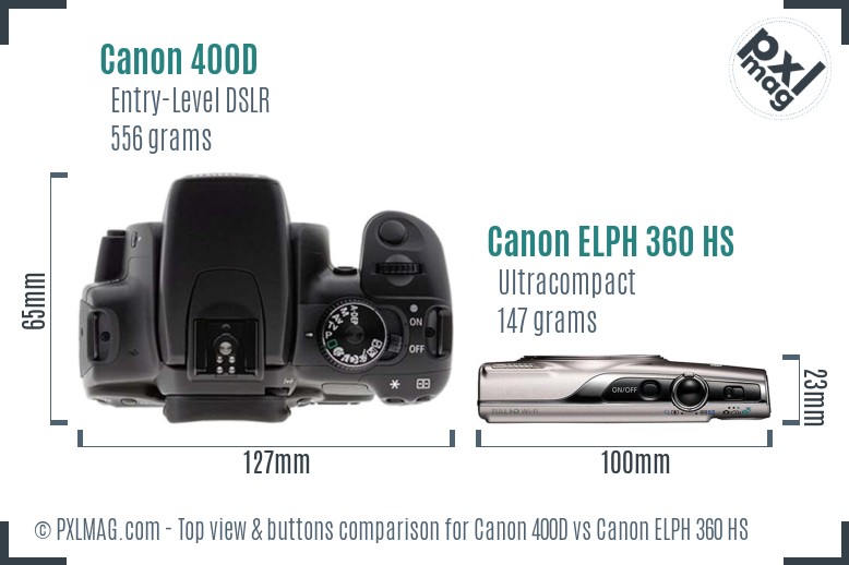 Canon 400D vs Canon ELPH 360 HS top view buttons comparison