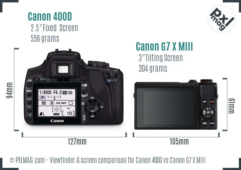 Canon 400D vs Canon G7 X MIII Screen and Viewfinder comparison