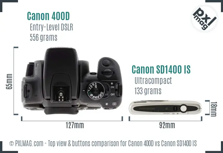 Canon 400D vs Canon SD1400 IS top view buttons comparison Canon 400D vs Canon SD1400 IS top view buttons comparison