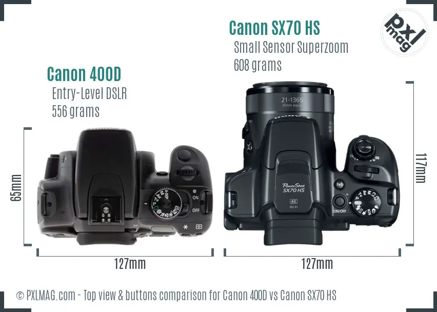 Canon 400D vs Canon SX70 HS top view buttons comparison