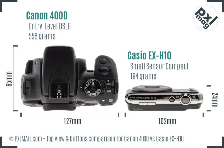 Canon 400D vs Casio EX-H10 top view buttons comparison Canon 400D vs Casio EX-H10 top view buttons comparison