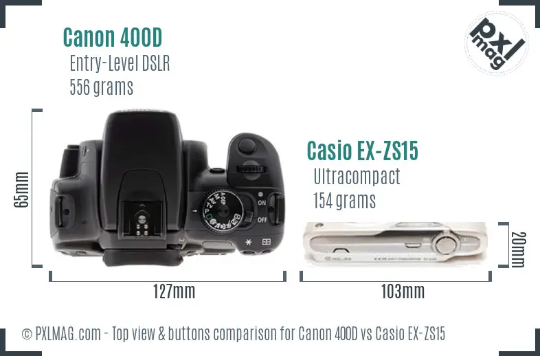 Canon 400D vs Casio EX-ZS15 top view buttons comparison