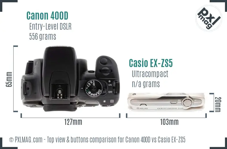 Canon 400D vs Casio EX-ZS5 top view buttons comparison Canon 400D vs Casio EX-ZS5 top view buttons comparison