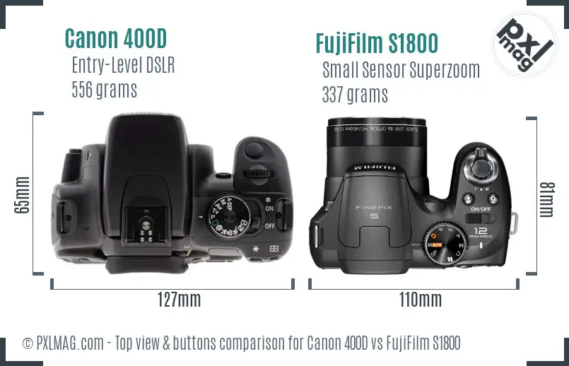 Canon 400D vs FujiFilm S1800 top view buttons comparison
