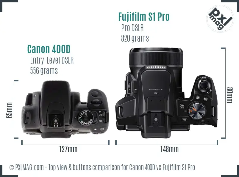 Canon 400D vs Fujifilm S1 Pro top view buttons comparison