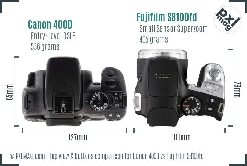 Canon 400D vs Fujifilm S8100fd top view buttons comparison