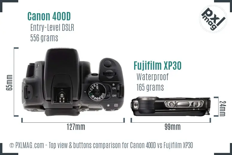 Canon 400D vs Fujifilm XP30 top view buttons comparison
