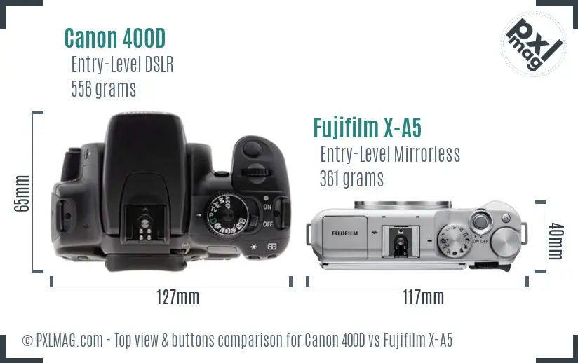 Canon 400D vs Fujifilm X-A5 top view buttons comparison