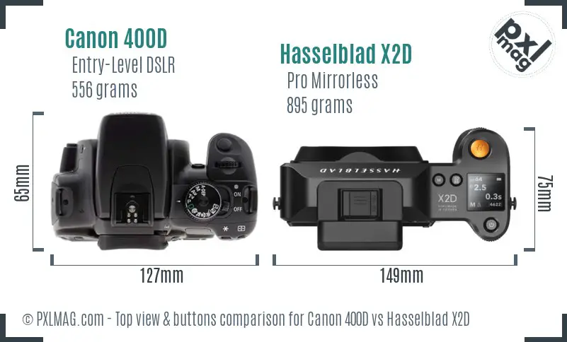 Canon 400D vs Hasselblad X2D top view buttons comparison Canon 400D vs Hasselblad X2D top view buttons comparison