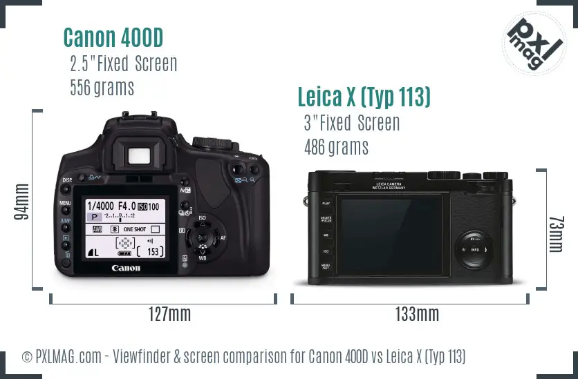 Canon 400D vs Leica X (Typ 113) Screen and Viewfinder comparison