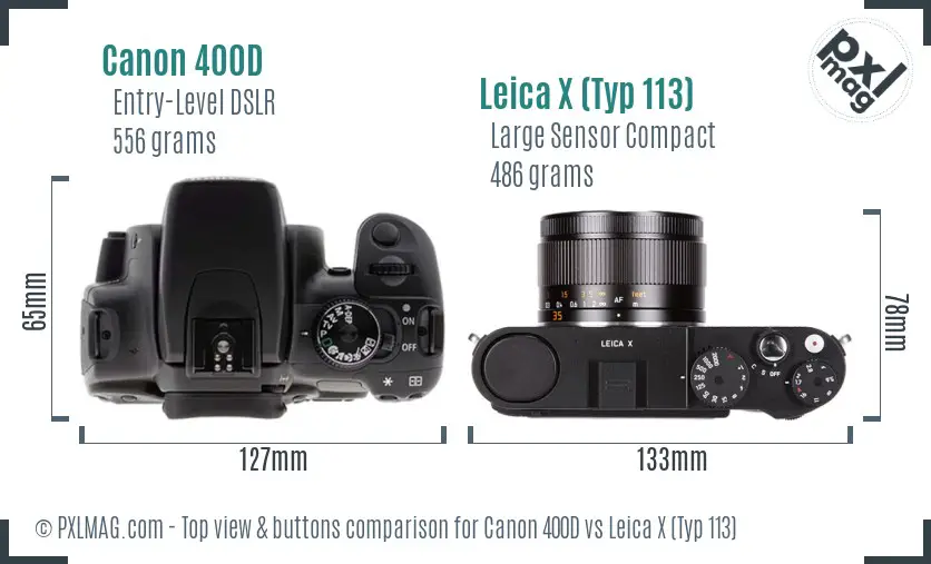 Canon 400D vs Leica X (Typ 113) top view buttons comparison