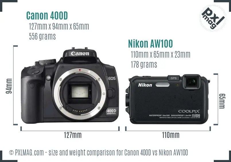 Canon 400D vs Nikon AW100 size comparison