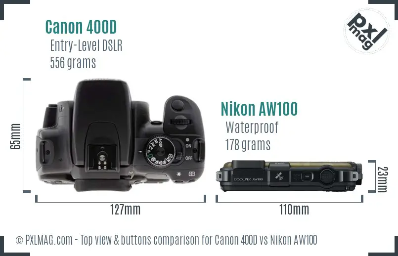 Canon 400D vs Nikon AW100 top view buttons comparison