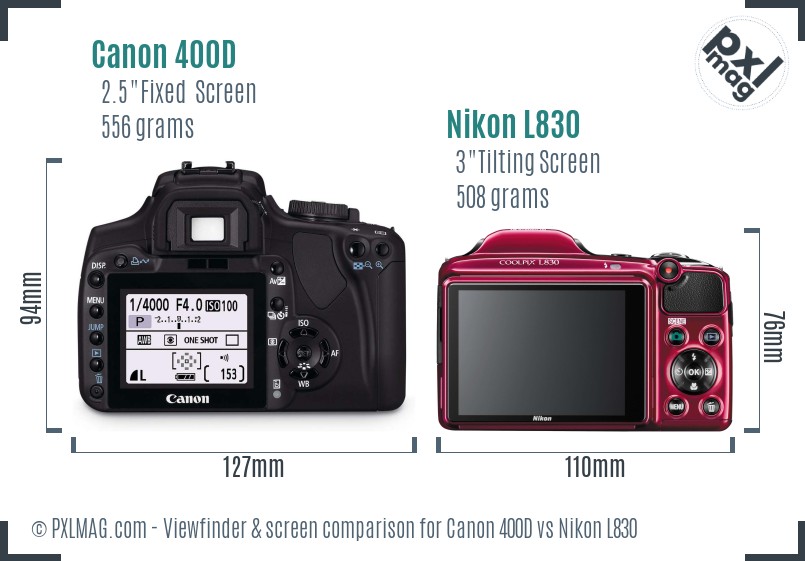 Canon 400D vs Nikon L830 Screen and Viewfinder comparison