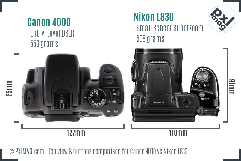 Canon 400D vs Nikon L830 top view buttons comparison