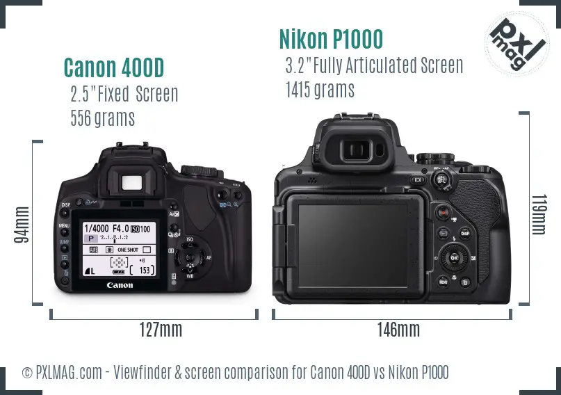 Canon 400D vs Nikon P1000 Screen and Viewfinder comparison