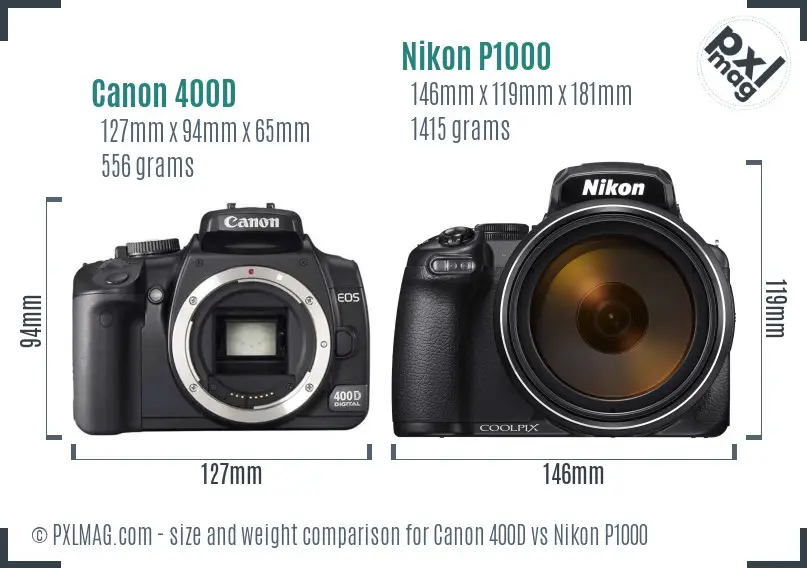 Canon 400D vs Nikon P1000 size comparison