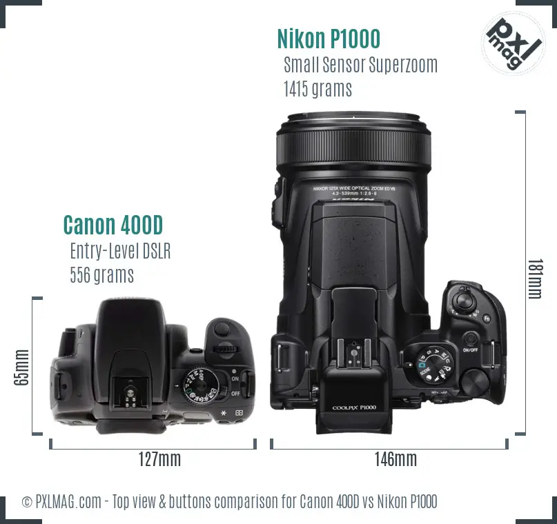 Canon 400D vs Nikon P1000 top view buttons comparison