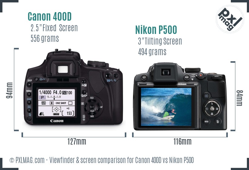 Canon 400D vs Nikon P500 Screen and Viewfinder comparison