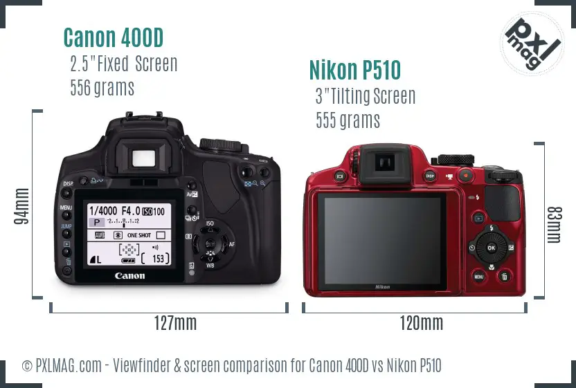 Canon 400D vs Nikon P510 Screen and Viewfinder comparison