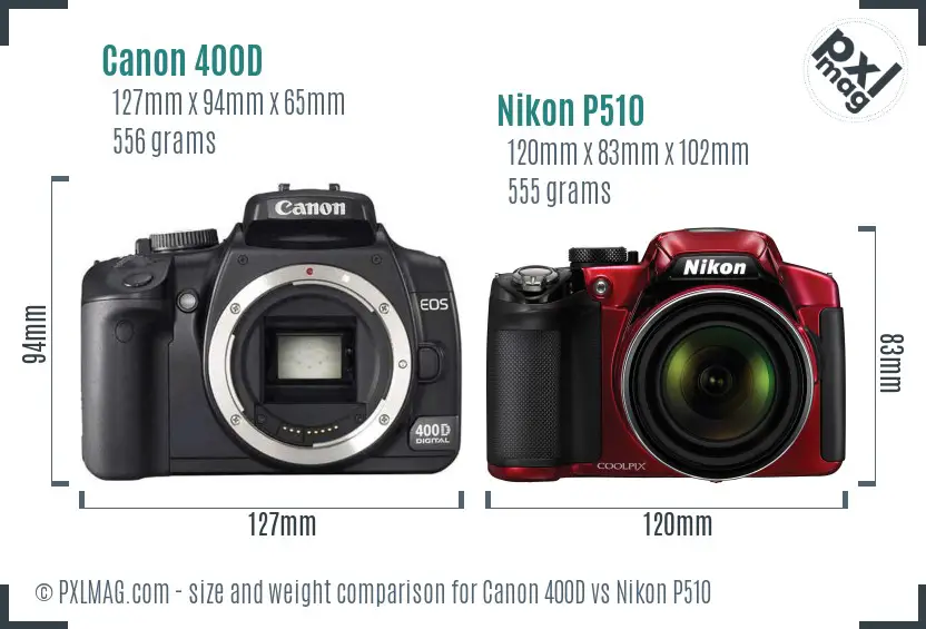 Canon 400D vs Nikon P510 size comparison
