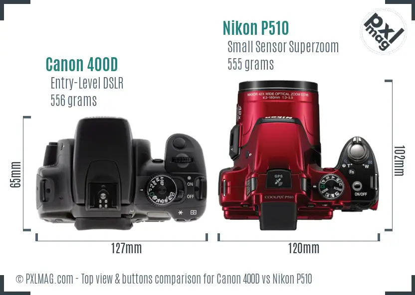 Canon 400D vs Nikon P510 top view buttons comparison