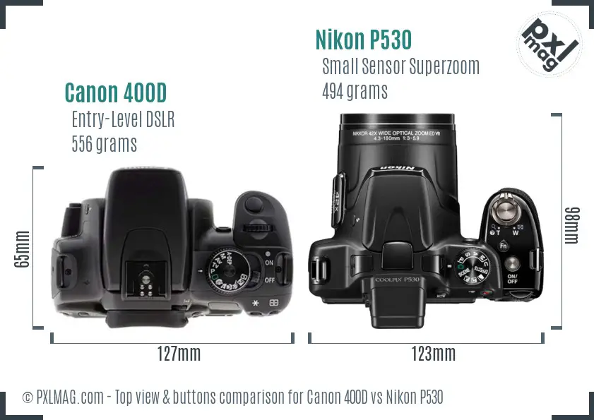 Canon 400D vs Nikon P530 top view buttons comparison Canon 400D vs Nikon P530 top view buttons comparison