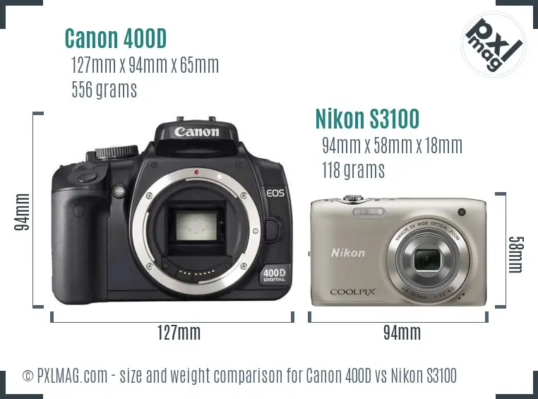 Canon 400D vs Nikon S3100 size comparison