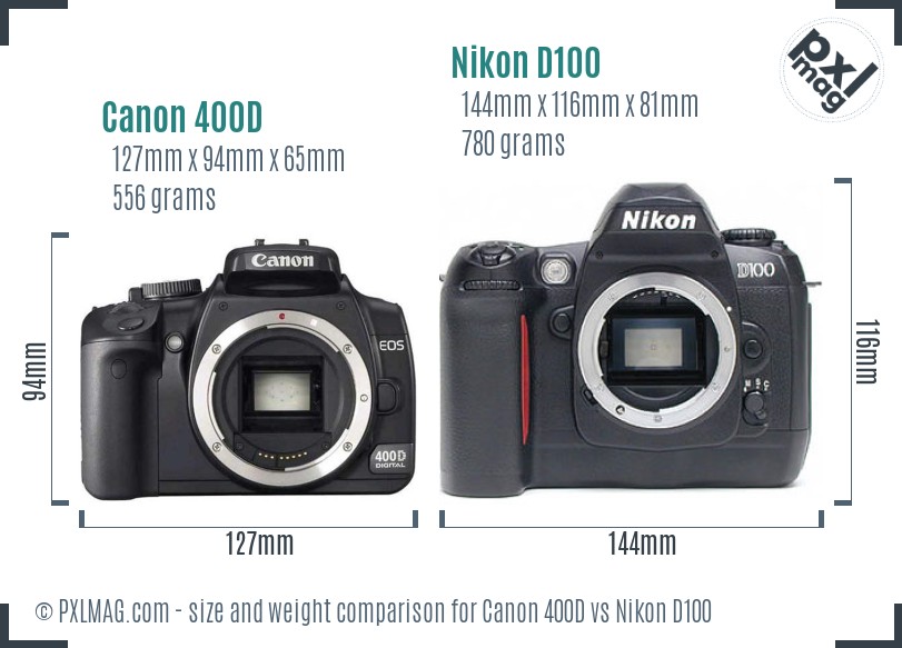 Canon 400D vs Nikon D100 size comparison