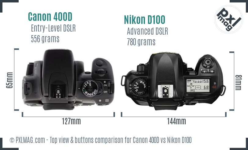 Canon 400D vs Nikon D100 top view buttons comparison